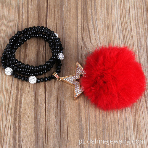 Colar frisada Shamballa com strass estrela charme POM POM